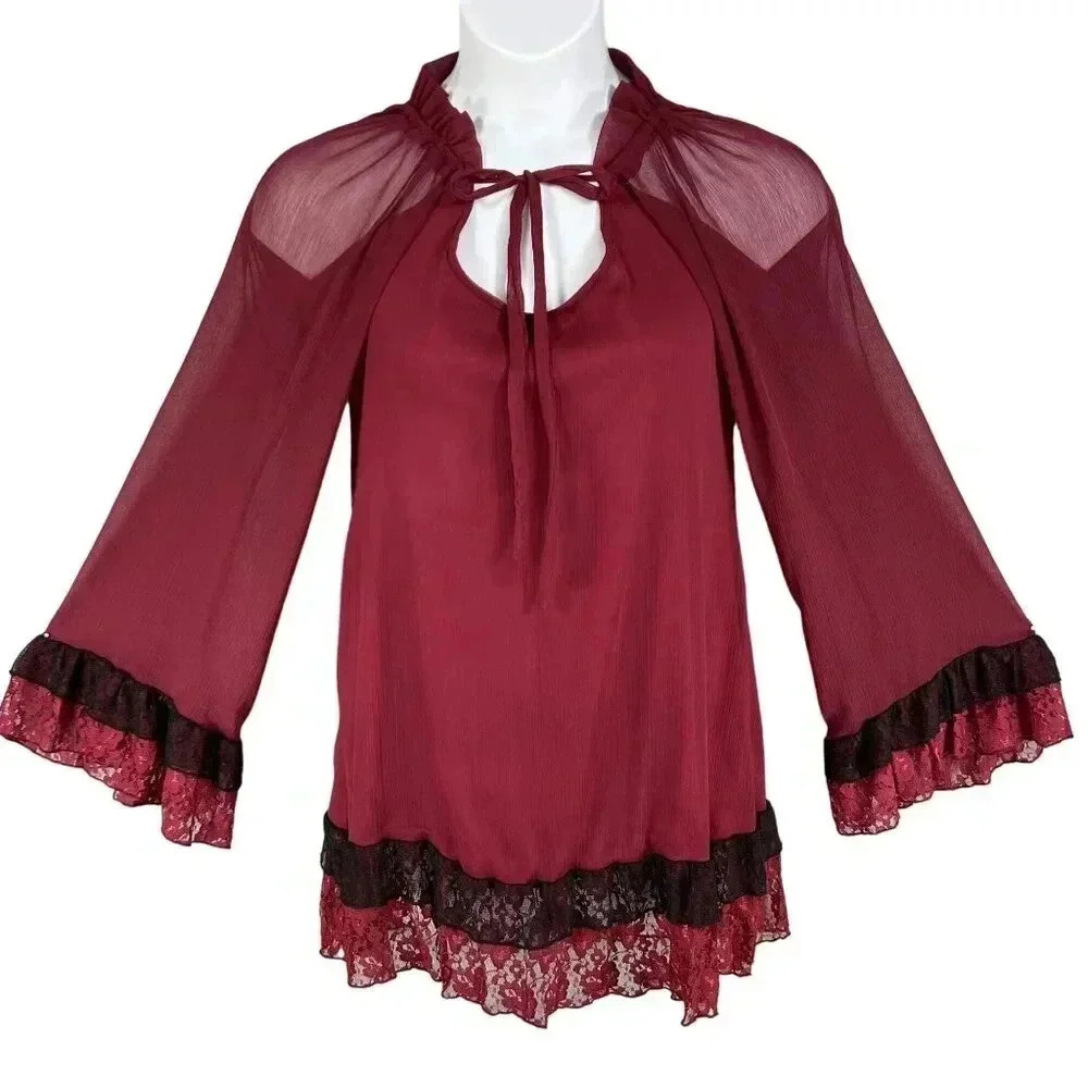 Rancho Estancia NWT Womens S Oversized Dress Sheer Lace Bell Sleeves Lined Boho